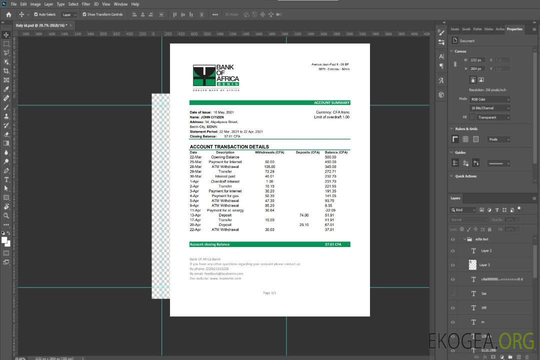 Modèle de relevé bancaire de Benin Bank of Africa facile à remplir au format Excel et PDF template